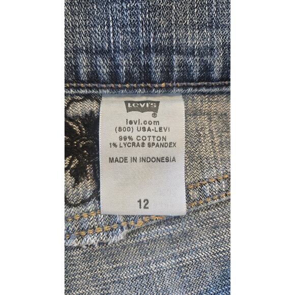 Levi Strauss Womens 12 Denim Skirt Light Blue Wash Button Fly Frayed Hem Floral - Picture 10 of 11